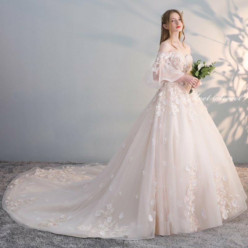ウェディングドレス ウエディングドレス 花嫁ドレス 大きいサイズ 結婚式 編み上げ 袖付き トレーン 披露宴 二次会ドレス 前撮り プリンセスラインドレス ホワイト ロング丈 ロングドレス フラワー 海外挙式 ブライダルドレス エレガント セミオーダー クラシカル