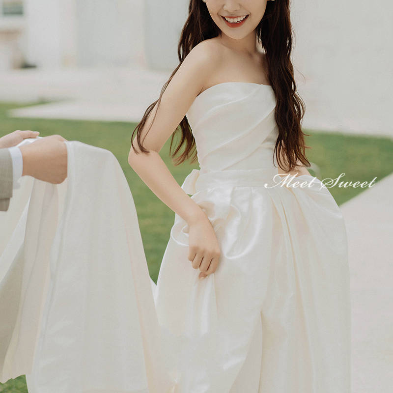 パンツウェディングドレス ビスチェ ベアトップ 袖なし 袖無し ノースリーブドレス サテン ズボンドレス ワンピース スリット 二次会ドレス 結婚式 ブライダルドレス 前撮り 海外挙式 花嫁ドレス ウエディングドレス 披露宴 エレガント セミオーダー おしゃれ フォト婚