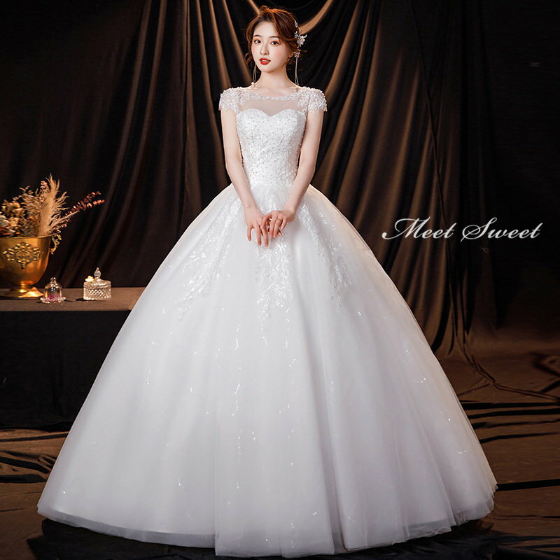 ウェディングドレス 二次会ドレス 結婚式 披露宴 ブライダルドレス ロング丈 ロングドレス 半袖 ラウンドネック 花嫁ドレス ウエディングドレス プリンセスラインドレス パール レース 編み上げ 前撮り エレガント 海外挙式 セミオーダー ボリューム クラシカル 王道