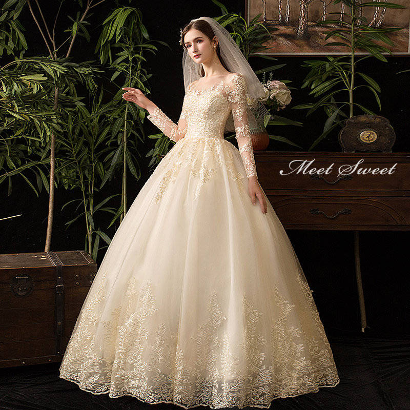 ウェディングドレス シャンパン オフホワイト 二次会ドレス 結婚式 披露宴 ブライダルドレス ロング丈 ロングドレス 長袖 ロングスリーブ 花嫁ドレス ウエディングドレス プリンセスラインドレス レース花 上品 前撮り エレガント 海外挙式 セミオーダー クラシカル