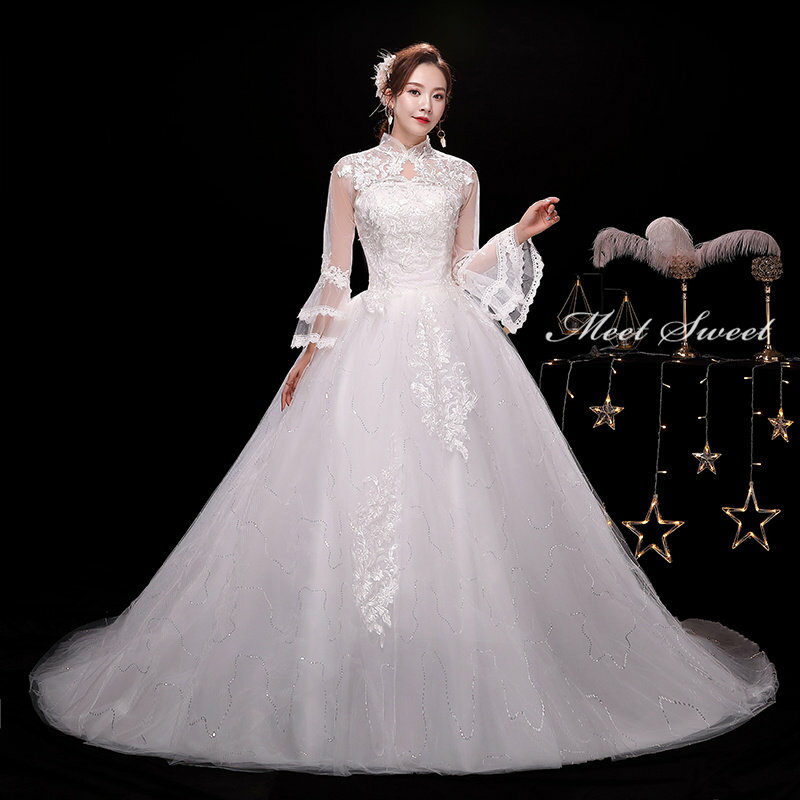 ウェディングドレス 二次会ドレス 結婚式 披露宴 ブライダルドレス ロング丈 ロングドレス ベルスリーブ 立ち襟 スタンドカラー 花嫁ドレス ウエディングドレス プリンセスラインドレス ホワイト 編み上げ 安い 前撮り エレガント 海外挙式 セミオーダー クラシカル