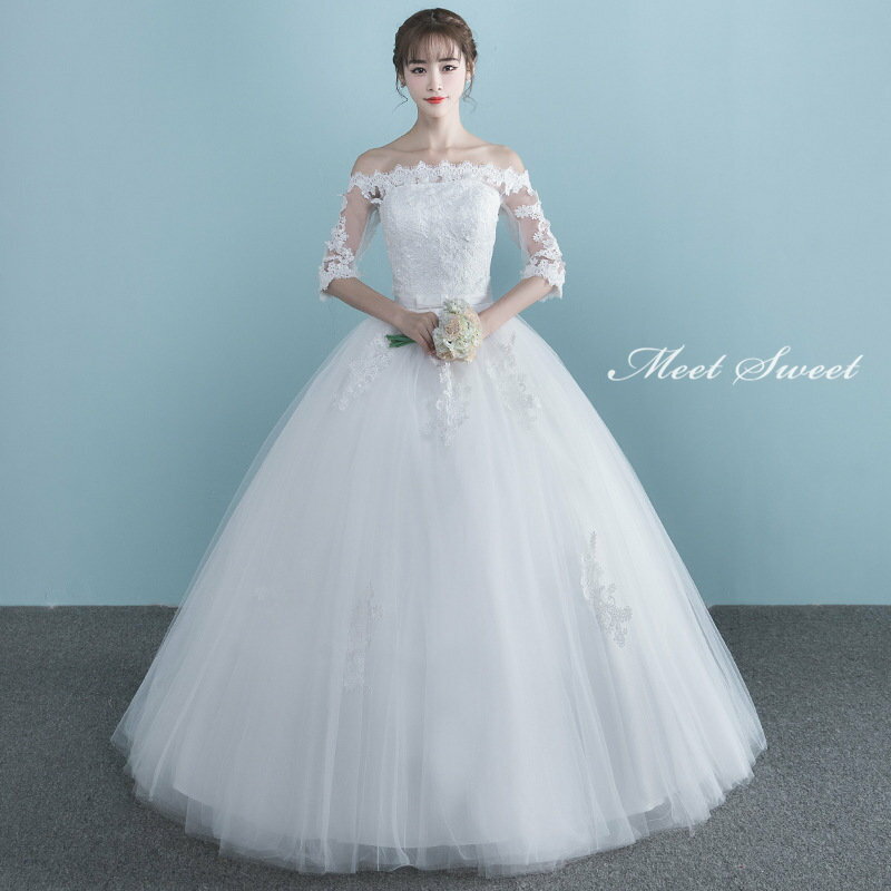 ウェディングドレス 二次会ドレス 結婚式 披露宴 ブライダルドレス ロング丈 ロングドレス 5分袖 花嫁ドレス ウエディングドレス プリンセスラインドレス オフホワイト 編み上げ オフショルダー 前撮り エレガント 海外挙式 セミオーダー ボリューム クラシカル 王道 上品