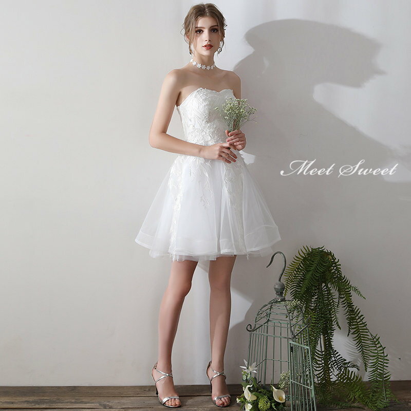 ウェディングドレス 二次会ドレス 結婚式 披露宴 ブライダルドレス ミニドレス ビスチェ ベアトップ 袖なし 袖無し ノースリーブ 花嫁ドレス ウエディングドレス Aラインドレス 編み上げ サイズオーダー リゾート 前撮り 可愛い エレガント 海外挙式 セミオーダー おしゃれ