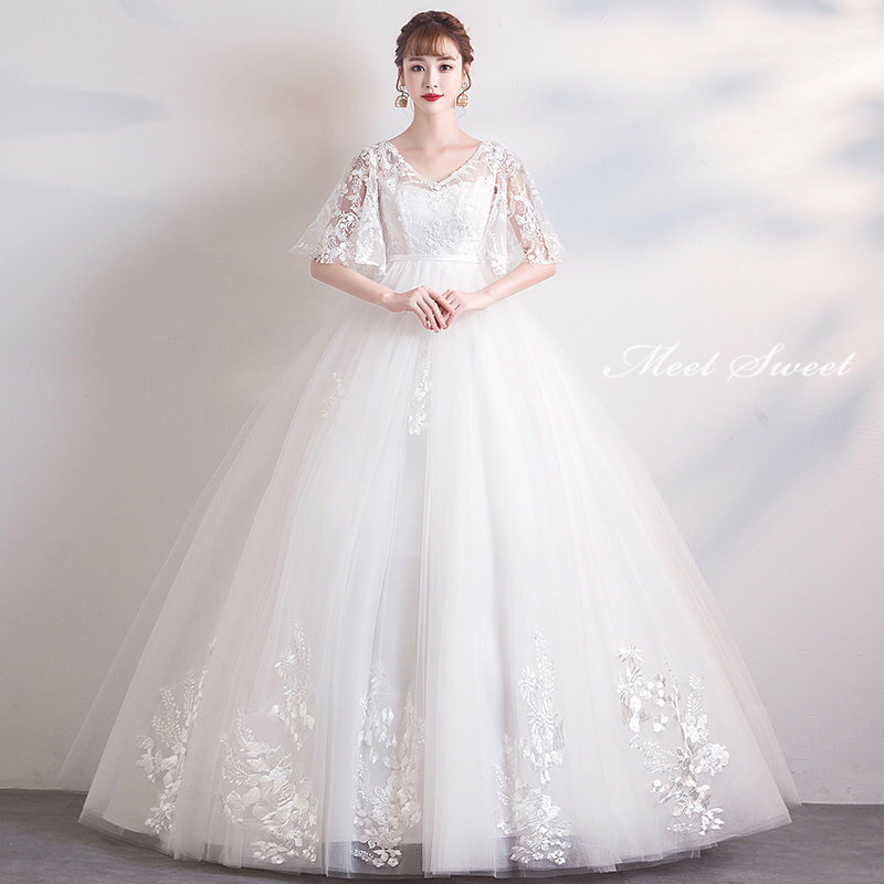 ウェディングドレス ウエディングドレス マタニティ 二次会ドレス 結婚式 披露宴 ブライダルドレス レース 二の腕カバー 花嫁ドレス プリンセスラインドレス オフホワイト 編み上げ 可愛い 前撮り エレガント 海外挙式 セミオーダー ボリューム クラシカル 王道 上品