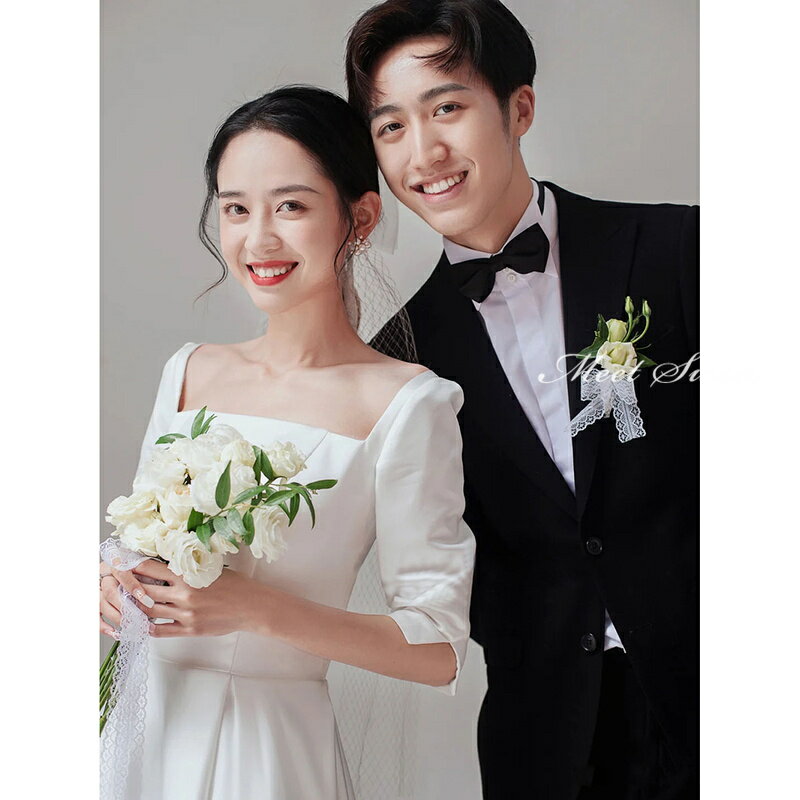 ウェディングドレス 二次会ドレス 結婚式 ブライダルドレス 新婦 ロングドレス サテン 5分袖 袖あり 前撮り 海外挙式 花嫁 ウエディングドレス シンプル トレーンドレス スクエアネック 撮影 披露宴 エレガント セミオーダー おしゃれ エレガンス wedding dress