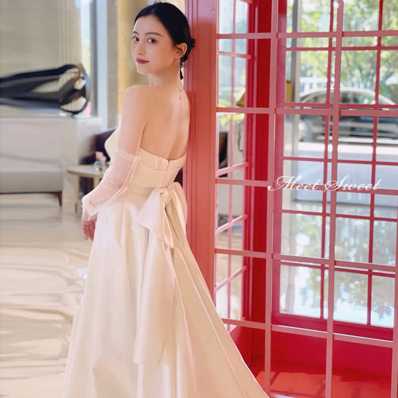 ミートスウィートの【P5倍★BLACK FRIDAY限定】ウェディングドレス 二次会ドレス 結婚式 ブライダルドレス マーメイドライン トレーンドレス ロング丈 ロングドレス サテン ベアトップ 袖なし 袖無し ノースリーブ ビスチェ 前撮り 海外挙式 花嫁ドレス ウエディングドレス 披露宴 エレガント｜アングル2