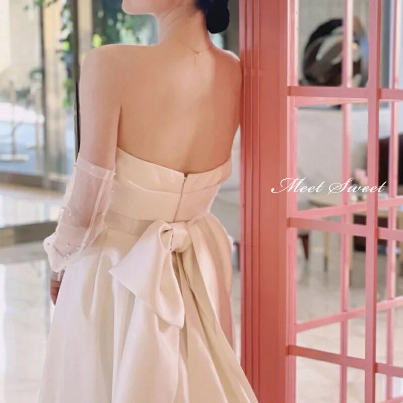 ミートスウィートの【P5倍★BLACK FRIDAY限定】ウェディングドレス 二次会ドレス 結婚式 ブライダルドレス マーメイドライン トレーンドレス ロング丈 ロングドレス サテン ベアトップ 袖なし 袖無し ノースリーブ ビスチェ 前撮り 海外挙式 花嫁ドレス ウエディングドレス 披露宴 エレガント｜アングル3