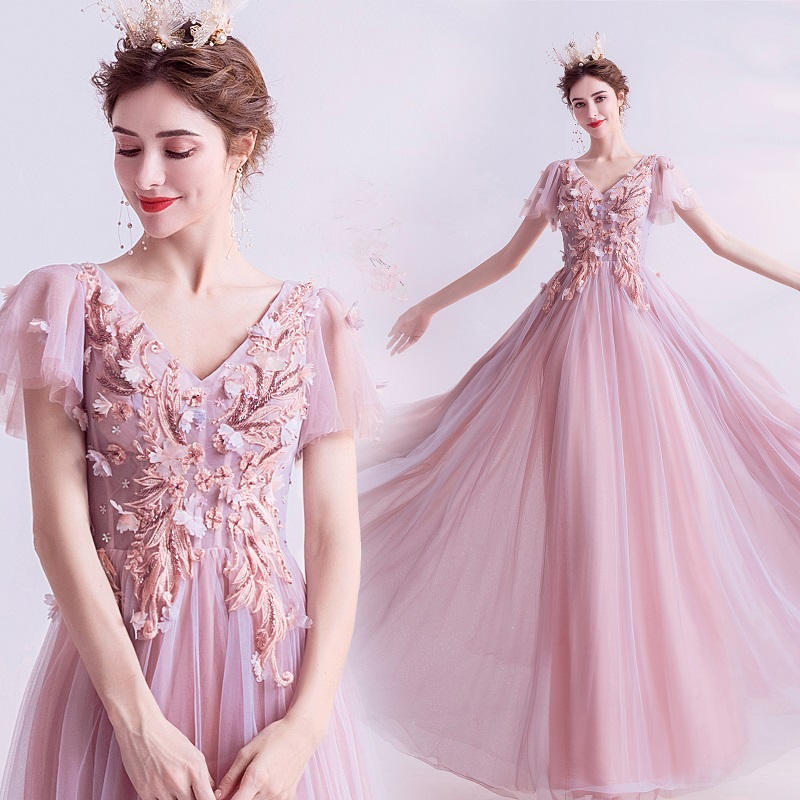 カラードレス ピンク Vネック フレア袖 フラワー 演奏会 発表会 編み上げ ステージ衣装 結婚式 二次会 ウェディングドレス 20代 30代 40代 二次会 披露宴 前撮り 後撮り 花嫁 フォトウェディング wedding dress 海外挙式 小さいサイズ フォト婚 大きいサイズ おしゃれ