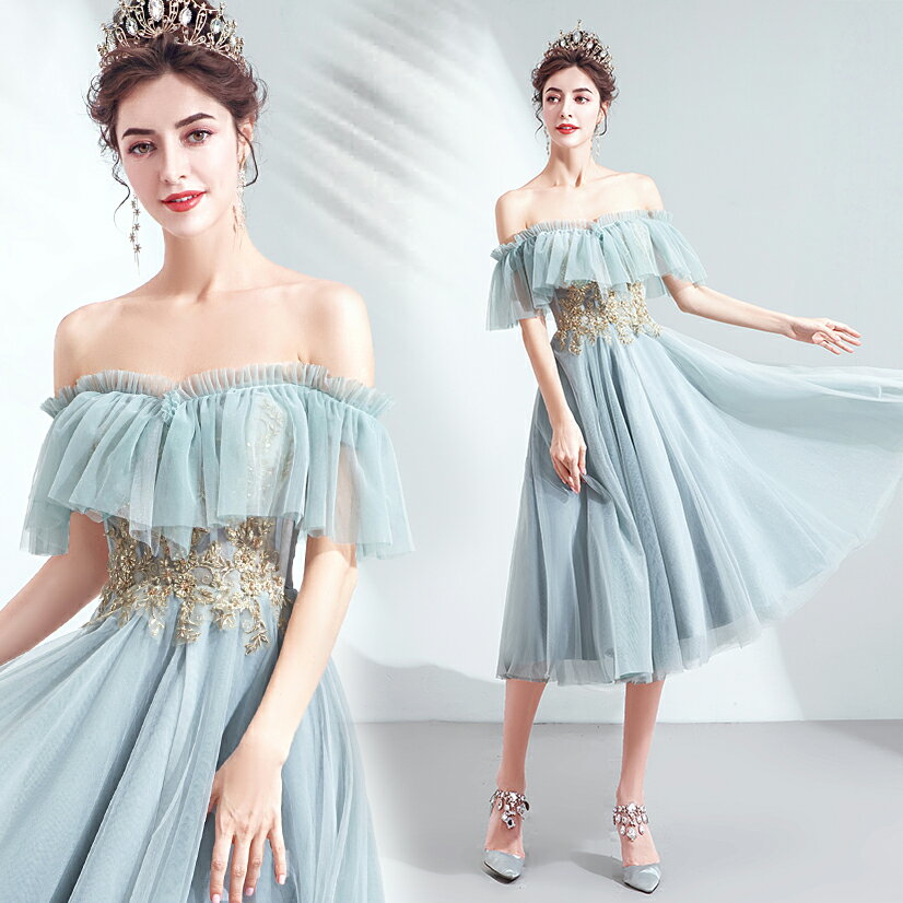 ウェディングドレス ウエディングドレス カラーミニドレス 演奏会 安い カラードレス カクテルドレス オフショルダー 二次会ドレス フォーマル 発表会ドレス パーティードレス コンサート ミモレ丈 チュール 結婚式 イブニングドレス 披露宴 花嫁 前撮り 後撮り