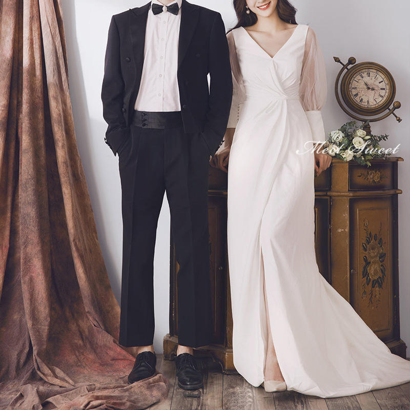 ウェディングドレス ウエディングドレス フォーマルドレス 袖あり 結婚式ワンピース サテン シフォン 透かし感 シンプル 韓国風 ロングドレス 発表会ドレス 二次会ドレス 披露宴 結婚式 設計感 前撮り 後撮り 袖付き 花嫁 フォトウェディング wedding dress 海外挙式