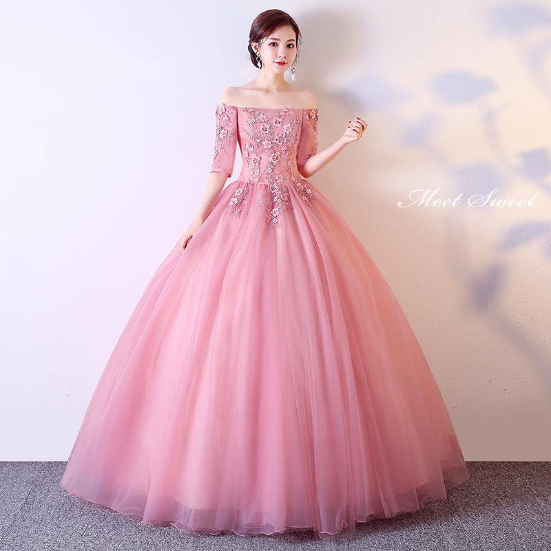 ウェディングドレス ウエディングドレス ロングドレス 演奏会 カラードレス ピンク 花嫁 結婚式 イブニングドレス 二次会ドレス 中袖 発表会 パーティードレス コンサート カクテルドレス 披露宴 前撮り 後撮り ウェディングカラードレス ブライダル 袖あり フォーマル