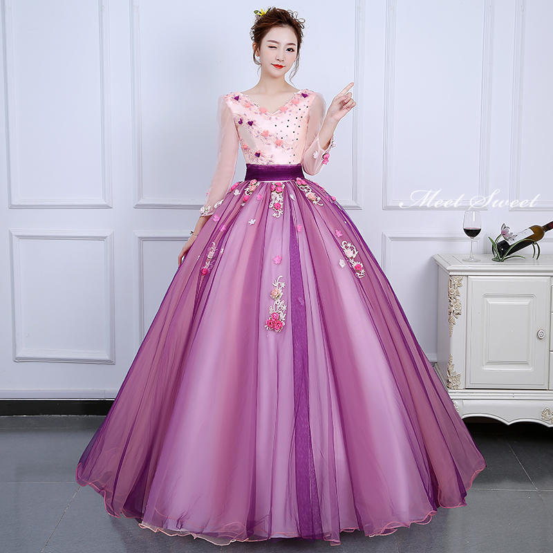 ウエディングドレス ロングドレス 演奏会 パーティードレス ピンク パープル 花 袖あり ウェディングドレス パーティー ピアノ演奏会 二次会 発表会ドレス コンサート 結婚式 披露宴 前撮り 後撮り 袖付き 花嫁 フォトウェディング wedding dress 海外挙式 小さいサイズ