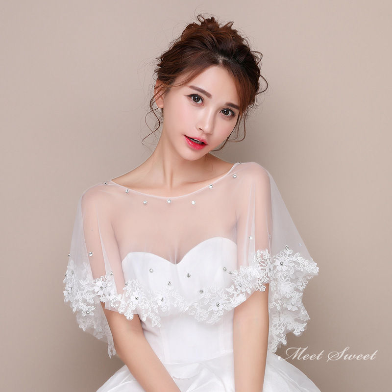 花嫁 ビジュー ブライダルケープ 結婚式 二次会ボレロ 肩掛け 二次会 ショール 発表会 ケープ ウェディングショール 披露宴 ウエディングケープ 白 透かし感