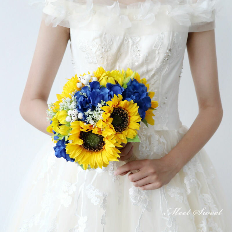 結婚式 ブーケ ウエディングブーケ 花嫁 二次会 披露宴 向日葵 ブルー 造花 前撮り 海外挙式 ウェディングブーケ ブライダルブーケ インテリア アートフラワー