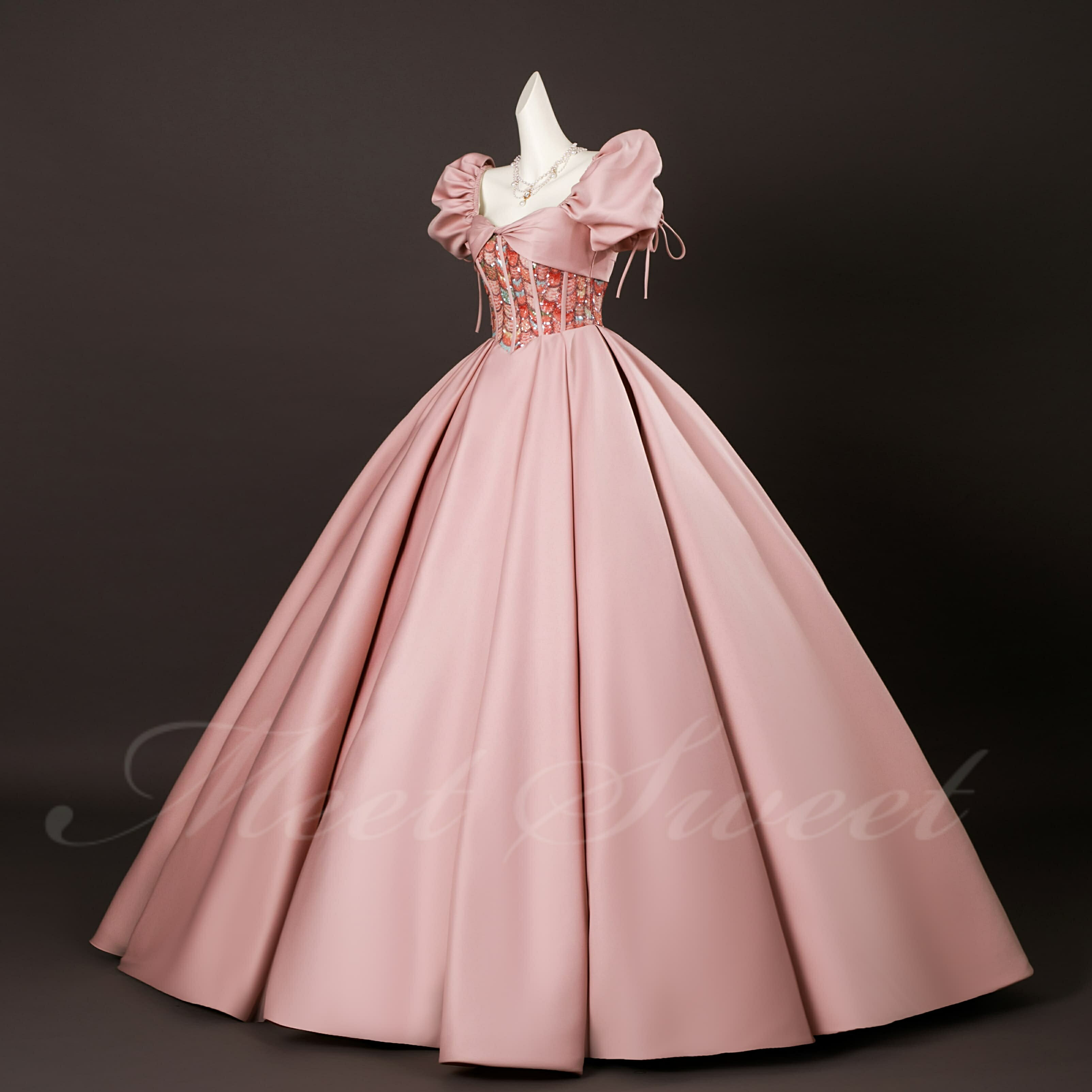 演奏会ドレス 袖あり ピンク 半袖 編み上げ カラーロングドレス ステージドレス ロングドレス ステージ衣装 演奏会 発表会 大人 高校生 ピアノ発表会 結婚式 二次会 Aライン プリンセスドレス 舞台衣装 イブニングドレス コンサート かわいい 大きいサイズ