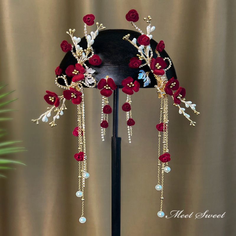 【P5倍★BLACK FRIDAY限定】ウェディング レッド ウエディングヘッドドレス フラワー イヤリング 花嫁髪飾り 結婚式 披露宴 イベント 二次会 前撮...