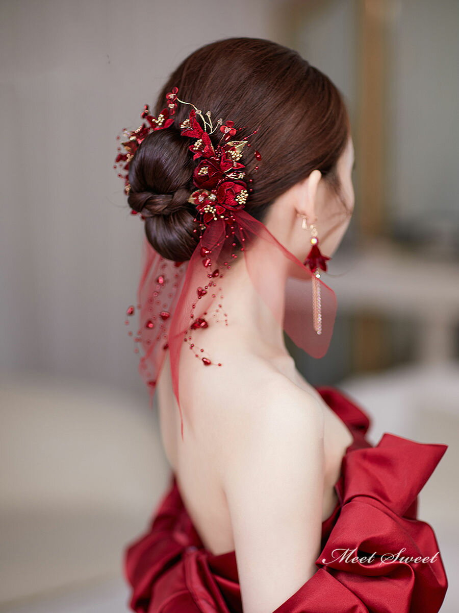 【P5倍★BLACK FRIDAY限定】ウェディング ヘアピン ウエディングヘッドドレス イヤリング フラワー ワインレッド 花嫁 結婚式 披露宴 ブライダル ...