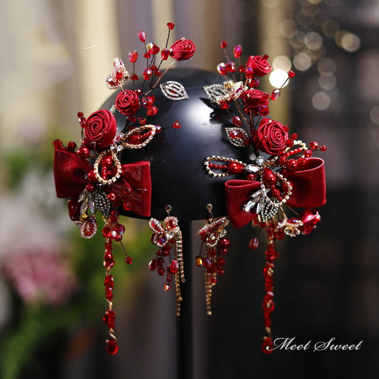 イヤリング ウェディング ウエディングヘッドドレス ヘアピン レッド リボン ビーズ 花嫁 結婚式 披露宴 ブライダル 二次会 前撮り パーティー 演奏会 発表会