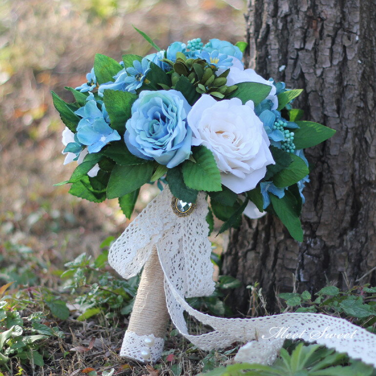 ウエディングブーケ ウェディングブーケ ブライダルブーケ 造花 前撮り 花嫁 二次会 結婚式 披露宴 アートフラワー 麻紐 ブルー インテリア