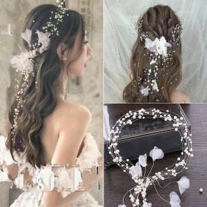 ヘッドドレス リボン ウェディング ヘアバンド パール ビジュー フラワー ヘアアクセサリー 髪飾り 結婚式 ブライダル ロング 花 ホワイト 二次会 花嫁