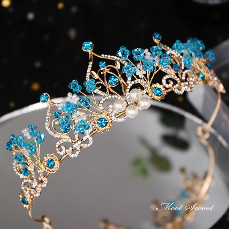 ウエディング ブライダル ティアラ ブルー パーティー ジュエリー 小物 結婚式 花嫁 二次会 発表会 演奏会 ビジュー ゴールド パール アクセサリー 発表会