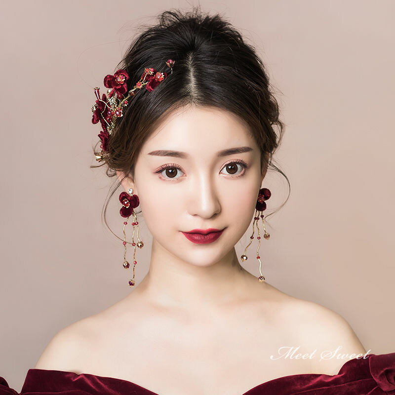 ヘアアクセサリー フラワー ウエディング ワインレッド 髪飾り 花嫁 ウェディング 結婚式 ヘッドドレス ブライダル パーティー 二次会 前撮り 発表会 卒業式 花