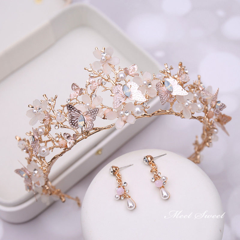 ティアラ ネックレス ウェディング イヤリング ピアス ピンク フラワー バタフライ...