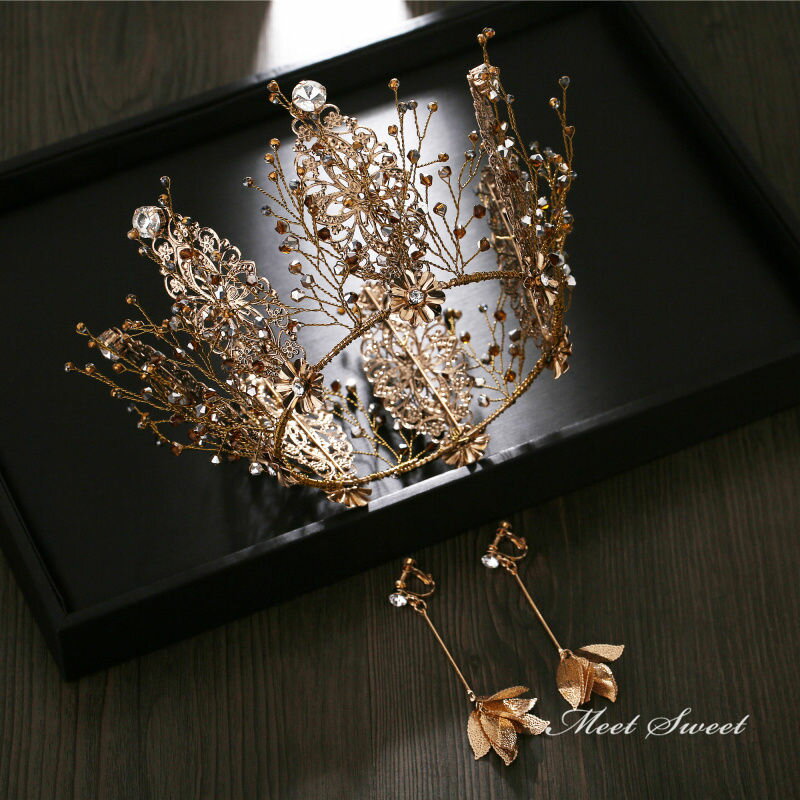 【P5倍★BLACK FRIDAY限定】ティアラ クラウン ウェディング イヤリング 結婚式 花嫁 ブライダル 二次会 発表会 髪飾り ゴールド ヘッドドレス ...