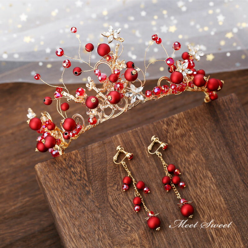 【P5倍★BLACK FRIDAY限定】ティアラ クラウン ウェディング 結婚式 花嫁 ブライダル 二次会 イヤリング ピアス 赤 発表会 髪飾り ヘッドドレス...