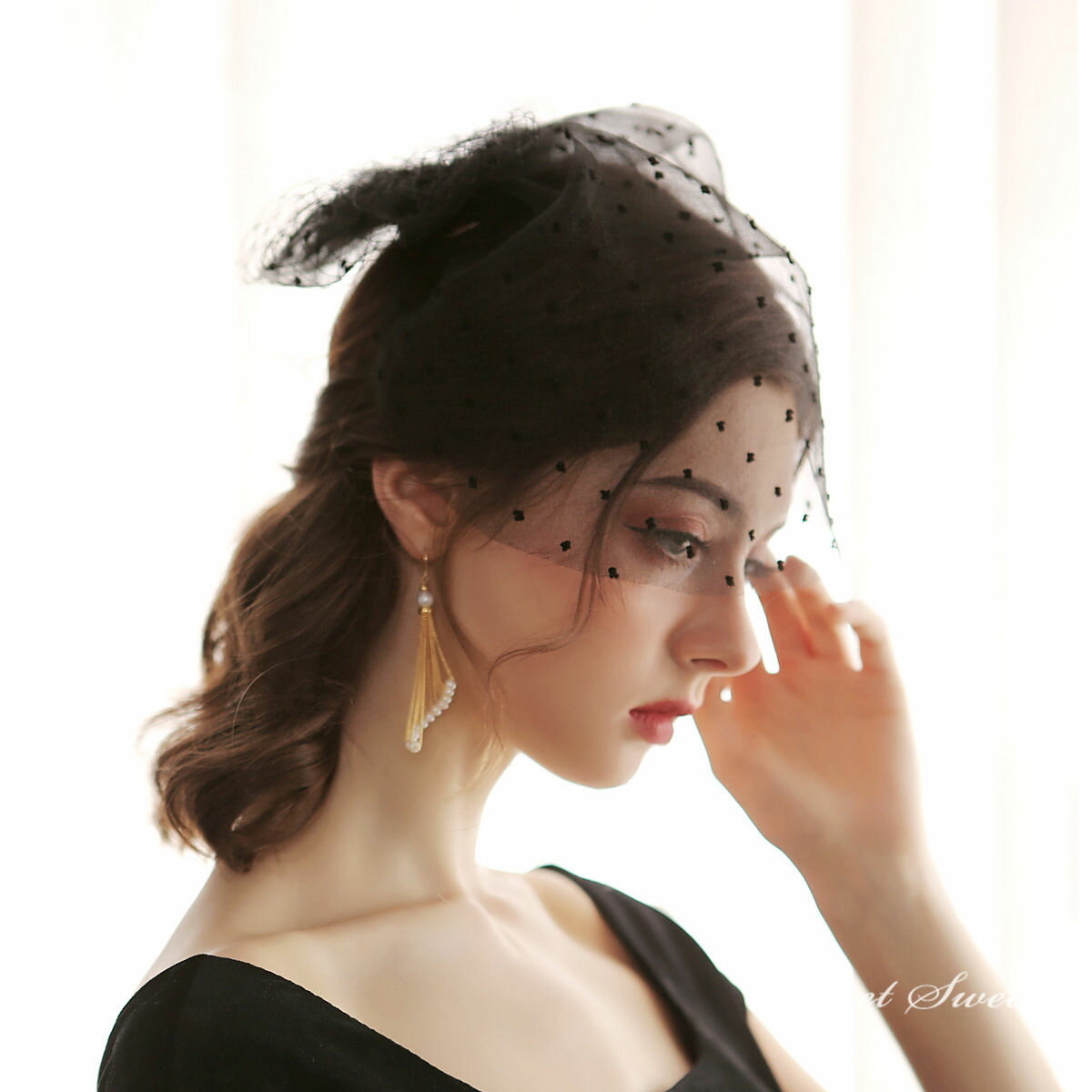 リボン ヘッドドレス チュール バードケージベール ホワイト ブラック パーティー 結婚式 花嫁 ブライダル 二次会 ウェディングベール ドット ステージ 帽子