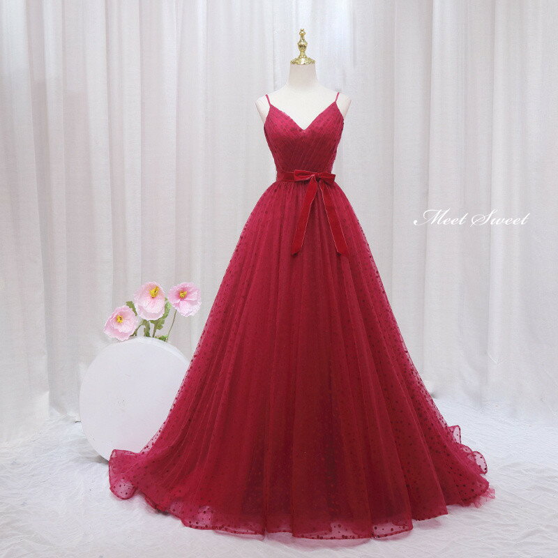 カラードレス プリンセスライン ワインレッド ドット 赤 袖なし ロングドレス ウェディングドレス 結婚式 二次会 花嫁 前撮り 演奏会 発表会 ステージ衣装 ウエディングドレス パーティードレス ブライダル 大人 舞台 演出 イブニングドレス コンサート コンクール