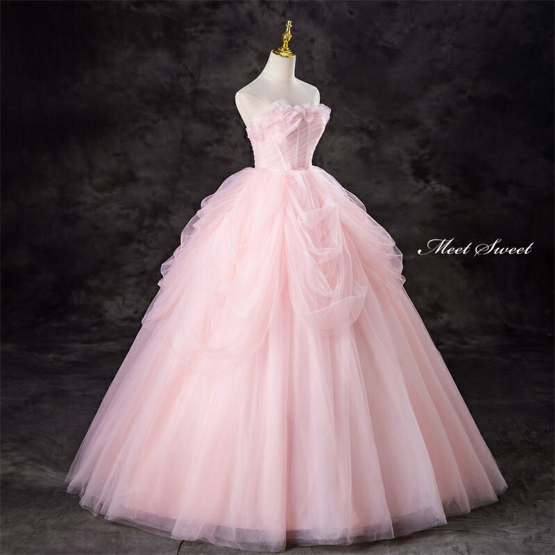 カラードレス 演奏会用ドレス ピンク ベアトップ チュール ウェディングドレス ロングドレス 編み上げ 結婚式 二次会 花嫁 演奏会 発表会 大人 コンクール ステージ衣装 プリンセスライン 姫系 Aライン 大きいサイズ パーティードレス ステージドレス ウエディングドレス