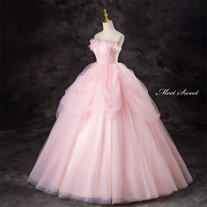 カラードレス 演奏会用ドレス ピンク ベアトップ チュール ウェディングドレス ロングドレス 編み上げ 結婚式 二次会 花嫁 演奏会 発表会 大人 コンクール ステージ衣装 プリンセスライン 姫系 Aライン 大きいサイズ パーティードレス ステージドレス ウエディングドレス