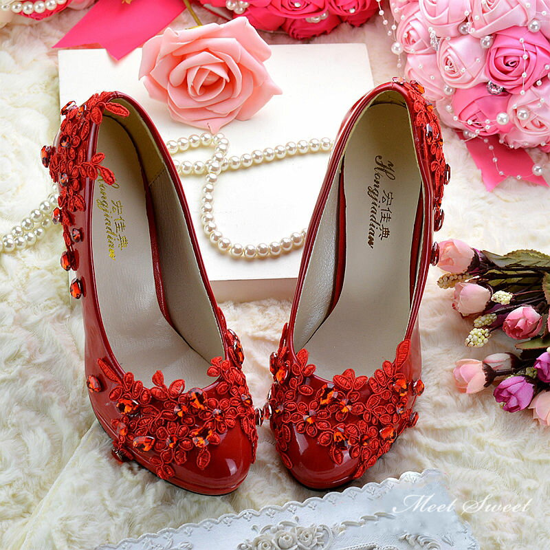 0.5/4.5/8cmヒール ウェディングシューズ ウエディングシューズ ステージ パンプス ハイヒール 結婚式 花嫁 ブライダル 二次会 パーティー レッド 赤 レース