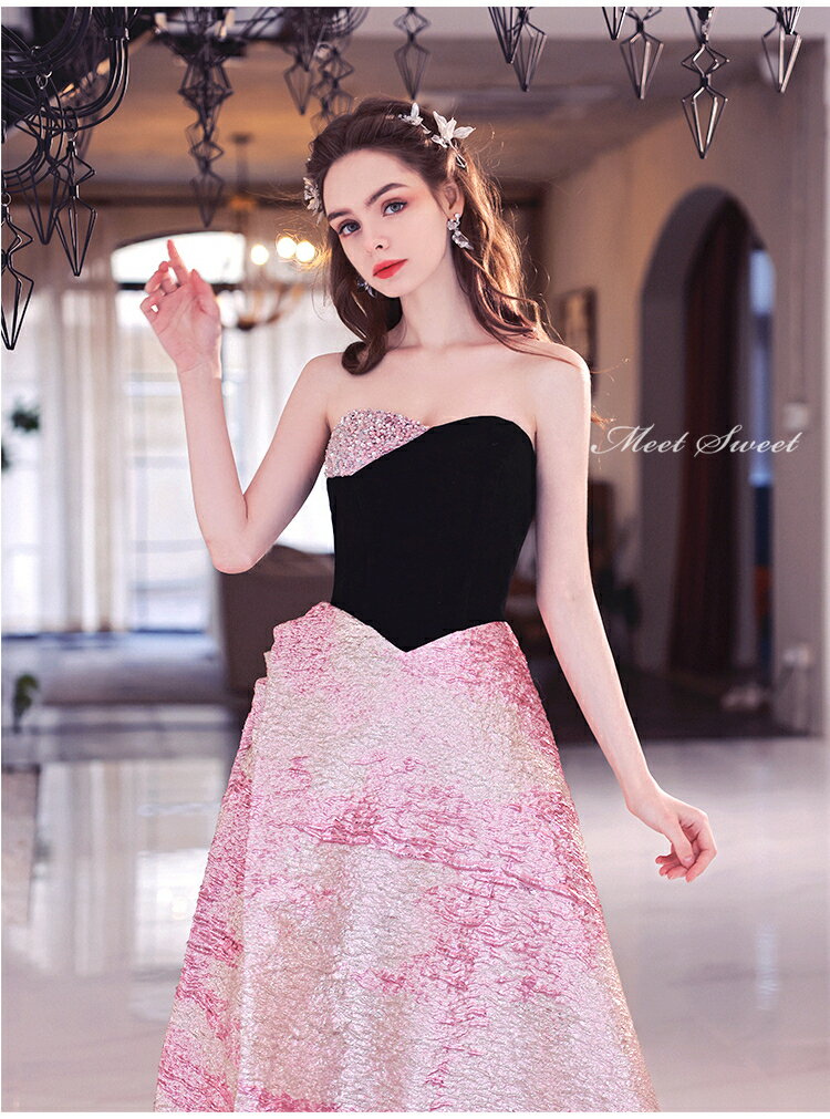 ウェディングドレス ウエディングドレス イブニングドレス 演奏会 カラードレス 発表会ドレス ロングドレス パーティードレス 結婚式 ベアトップ ビスチェ ビジュー Aラインドレス ピンク 黒 切り替え 二次会ドレス 披露宴 コンサート 花嫁 カクテルドレス 前撮り 後撮り