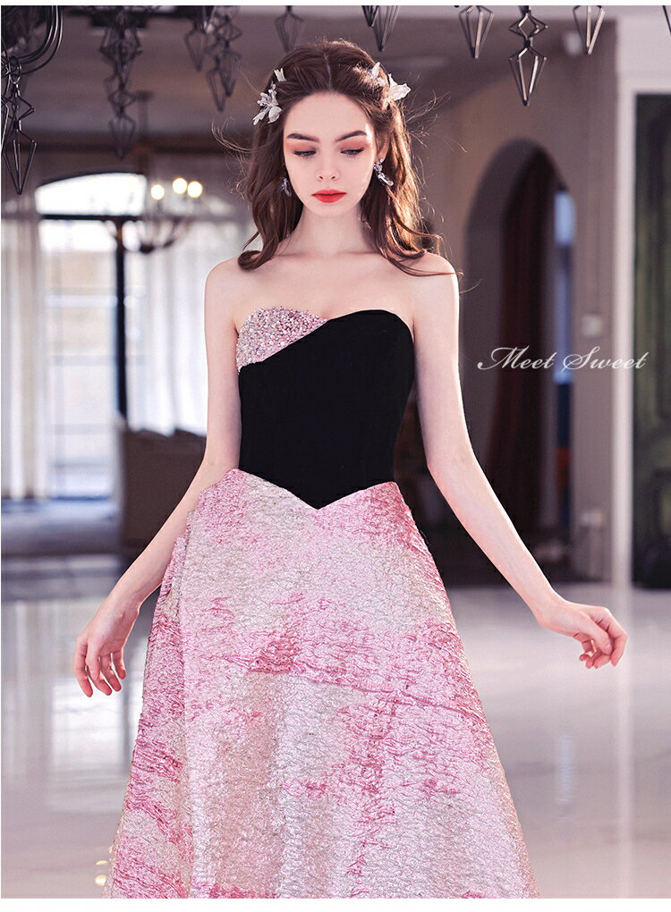 ウェディングドレス ウエディングドレス イブニングドレス 演奏会 カラードレス 発表会ドレス ロングドレス パーティードレス 結婚式 ベアトップ ビスチェ ビジュー Aラインドレス ピンク 黒 切り替え 二次会ドレス 披露宴 コンサート 花嫁 カクテルドレス 前撮り 後撮り