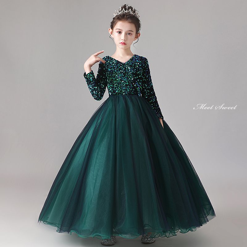 ドレス 子供ドレス キッズ グリーン ホワイト ブルー スパンコール ワンピース 女の子 ピアノ 発表会 フォーマル 子ども ガールズ イベント 演出 ステージ衣装 キッズドレス フォーマルドレス ピアノ発表会 コンクール 結婚式 七五三 フラワーガール - 2