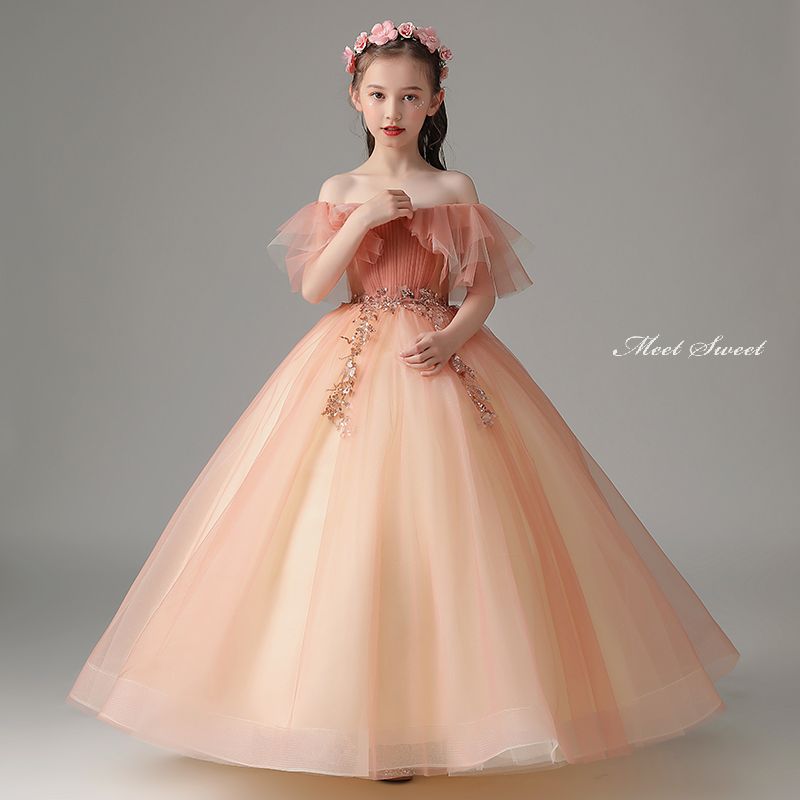 キッズ ドレス カラードレス 子供ドレス プリンセス 女の子 ピアノ 発表会 フォーマル 子どもドレス ガールズ イベント オレンジ ステージ衣装 お姫様 卒園式 3