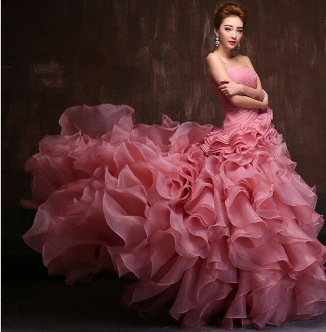 カラードレス ロングドレス 演奏会 発表会ドレス イブニングドレス パーティードレス コンサート コンクール ウエディングドレス ウェディングドレス 結婚式 二次会ドレス ピンク ビスチェ プリンセス フリルドレス トレーン ゴージャス 披露宴 花嫁 カクテルドレス