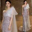 カラードレス パーティードレス ロングドレス マーメイドドレス スパンコール ワンショルダー 結婚式 二次会 発表会 ウェディングドレス 花嫁 ステージドレス イブニングドレス パーティードレス ブライダル 披露宴 前撮り キラキラ スリット 上品 スレンダードレス(4)