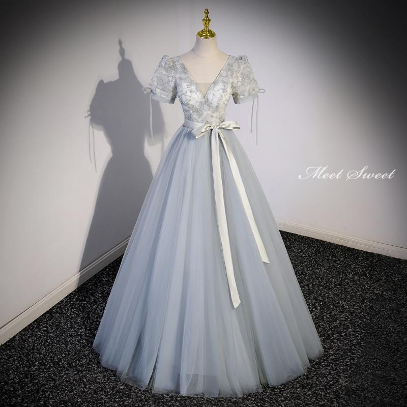 カラードレス ロングドレス Aラインドレス グレー 半袖 結婚式 二次会 発表会 演奏会 ウェディングドレス ウエディングドレス コンサート イブニングドレス パーティードレス ステージドレス 披露宴 コンクール ブライダル フォーマルドレス 演奏会用ロングドレス