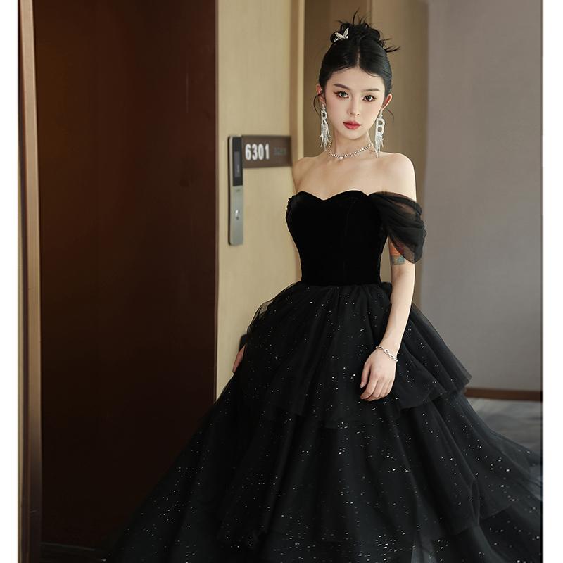 カラードレス ブラック オフショルダー プリンセスドレス 結婚式 二次会 発表会 黒 ロングドレス ウェディングドレス ウエディングドレス イブニングドレス パーティードレス ステージドレス 披露宴 コンクール ブライダル フォーマルドレス 演奏会用ロングドレス