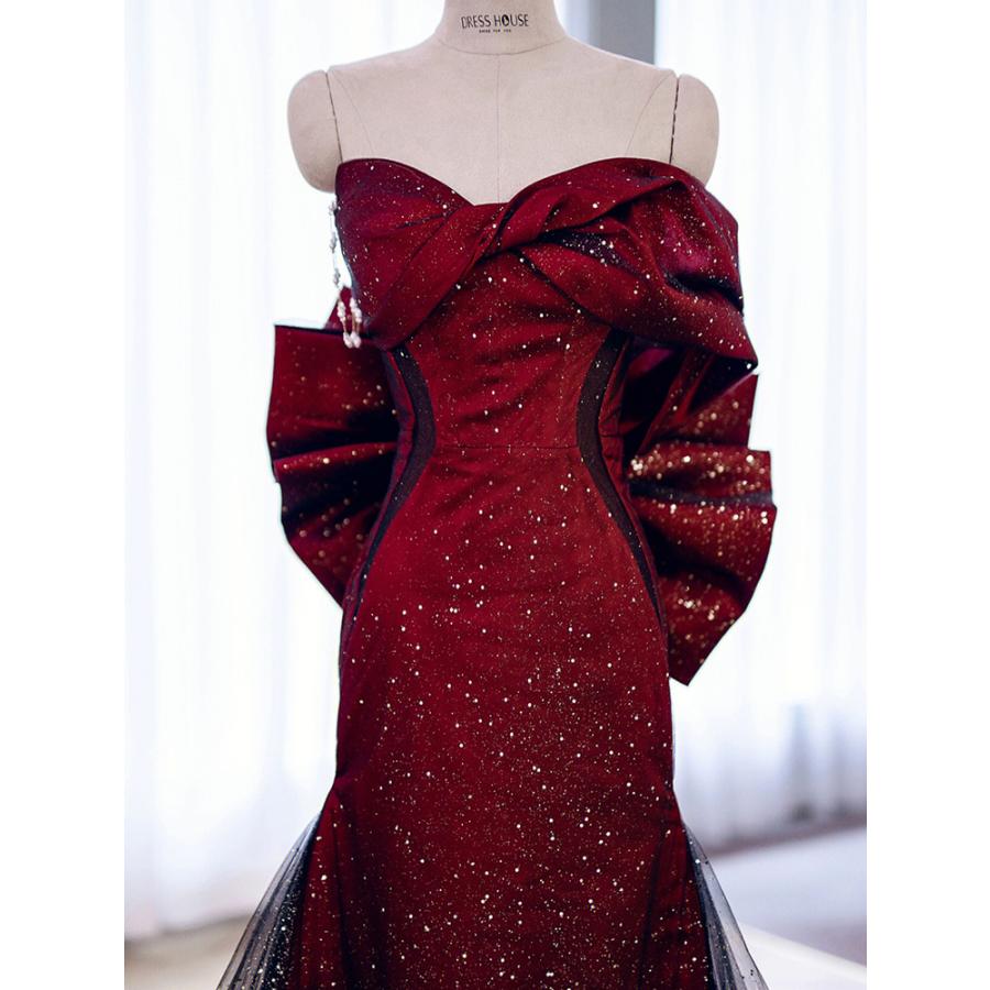 カラードレス ロングドレス マーメイドドレス ワインレッド キラキラ 結婚式 二次会 発表会 演奏会 ウェディングドレス ウエディングドレス イブニングドレス パーティードレス ステージドレス 披露宴 コンクール ブライダル フォーマルドレス 前撮り オフショルダー