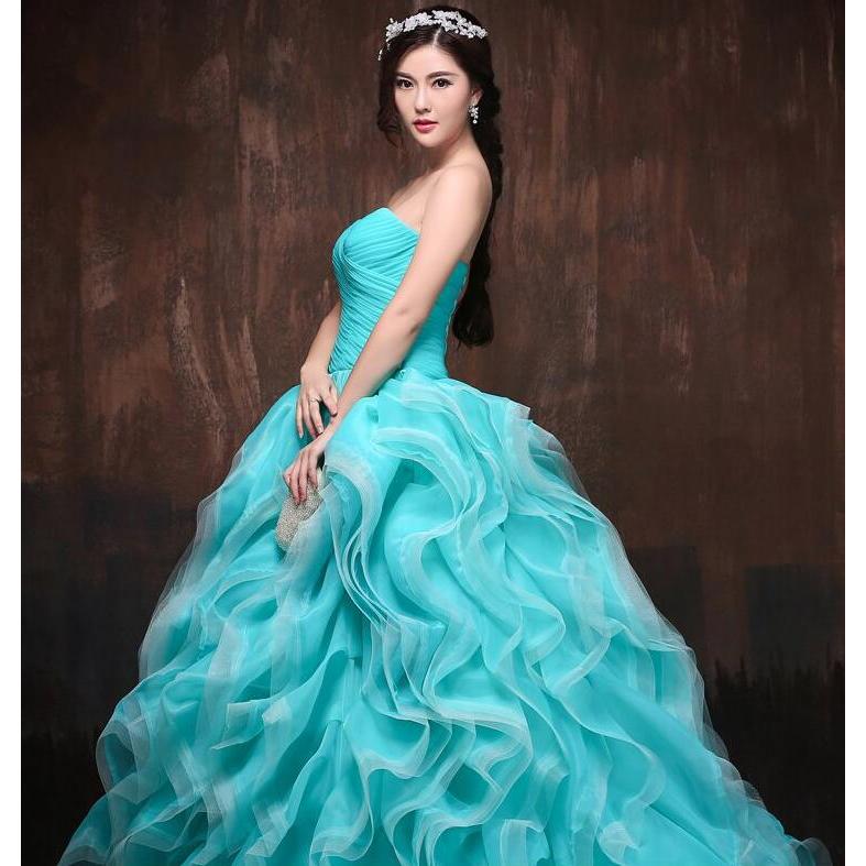 カラードレス ロングドレス プリンセスドレス ブルー フリル ビスチェ 結婚式 二次会 発表会 演奏会 ウェディングドレス ウエディングドレス コンサート 華やか パーティードレス ステージドレス 披露宴 演出 ブライダル イブニングドレス 花嫁 演奏会用ロングドレス