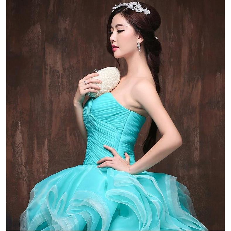 カラードレス ロングドレス プリンセスドレス ブルー フリル ビスチェ 結婚式 二次会 発表会 演奏会 ウェディングドレス ウエディングドレス コンサート 華やか パーティードレス ステージドレス 披露宴 演出 ブライダル イブニングドレス 花嫁 演奏会用ロングドレス