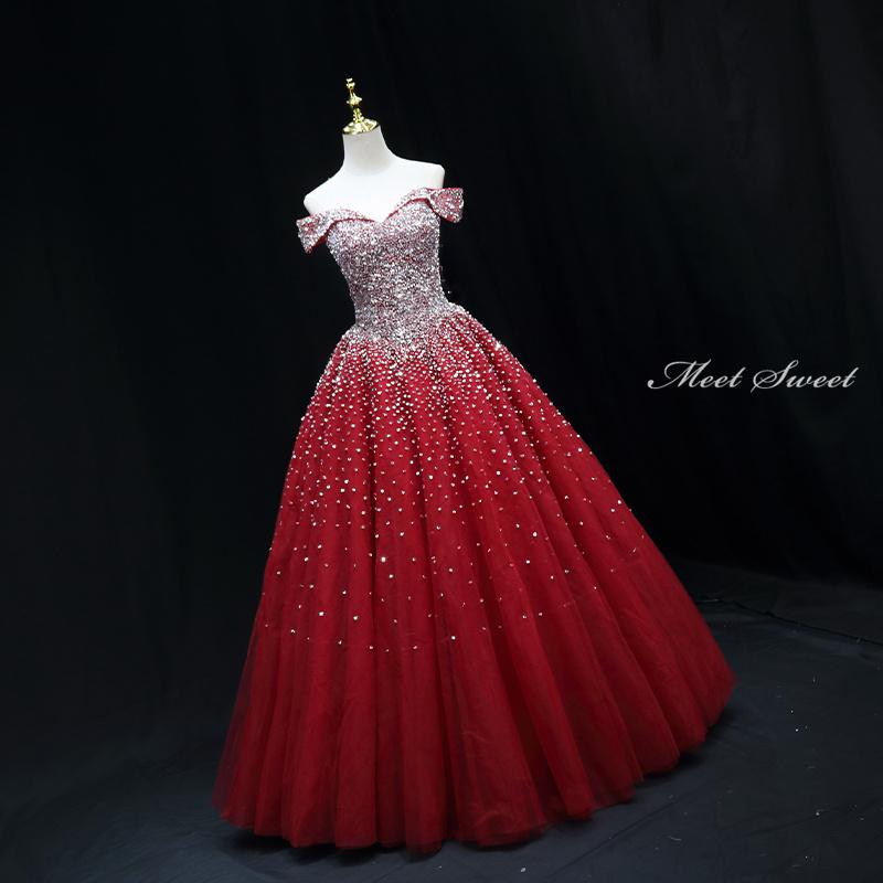 カラードレス ロングドレス プリンセスドレス レッド オフショルダー 結婚式 二次会 発表会 演奏会 ウェディングドレス ウエディングドレス 上品 スパンコール パーティードレス ステージドレス 披露宴 コンクール ブライダル 花嫁 コンサート 赤 イブニングドレス
