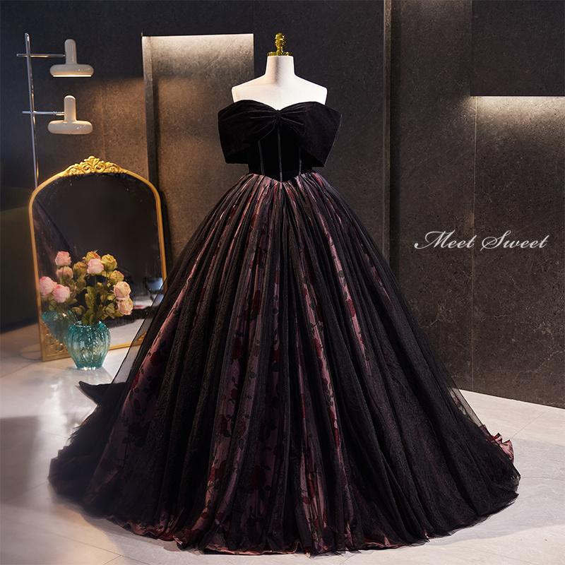 カラードレス ロングドレス プリンセスドレス ブラック 花柄 結婚式 二次会 発表会 演奏会 ウェディングドレス ウエディングドレス コンサート イブニングドレス パーティードレス ステージドレス 披露宴 コンクール ブライダル フォーマル 花嫁 オフショルダー 黒