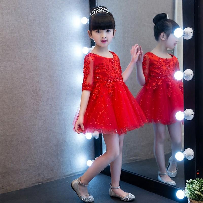 裙子 - ピアノ発表会 フラワーガールドレス 子供ドレス 女の子 キッズフォーマル 子どもドレス お姫様ドレス 長袖 結婚式 キッズ ドレス姫系 赤 卒園式 大きいサイズ