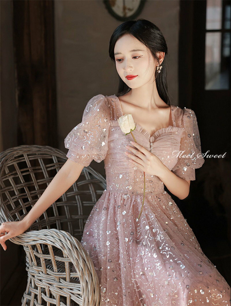 カラードレス ファスナー パーティードレス フォーマルドレス ミニドレス Aラインドレス ピンク パフスリーブ かわいい 結婚式 二次会 発表会 イブニングドレス ゲストドレス ウェディングドレス ウエディングドレス 女子会 同窓会 セレモニー 入学式 卒業式 披露宴