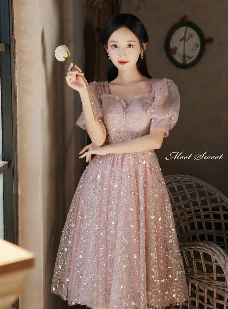 カラードレス ファスナー パーティードレス フォーマルドレス ミニドレス Aラインドレス ピンク パフスリーブ かわいい 結婚式 二次会 発表会 イブニングドレス ゲストドレス ウェディングドレス ウエディングドレス 女子会 同窓会 セレモニー 入学式 卒業式 披露宴